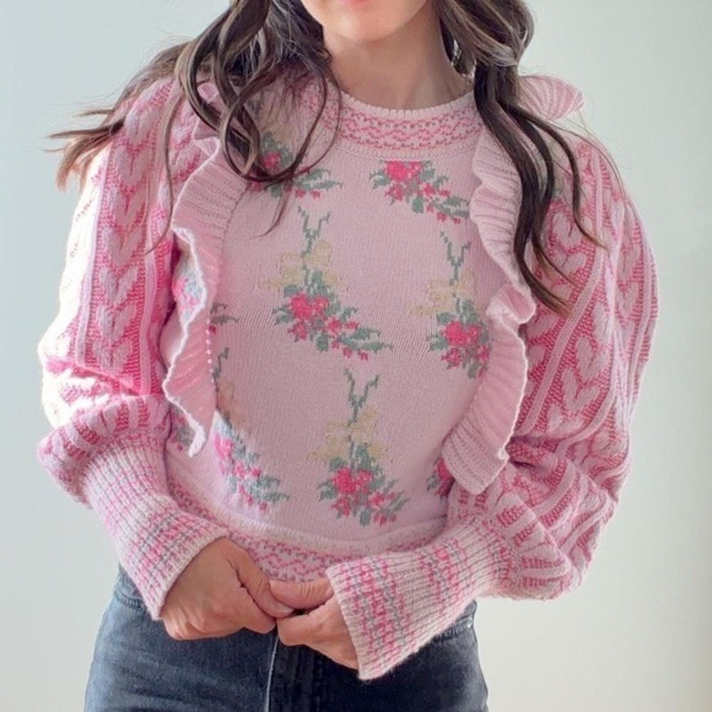 Women's LoveShackFancy Pink Warwick Sweater Size XS Kitschy Strawberry Ruffled